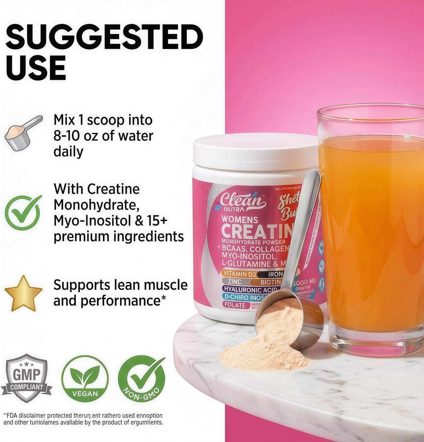 Creatine for Women | Creatine Monohydrate + BCAA Powder Myo-Inositol Collagen Biotin Hyaluronic Acid Folate L Glutamine Vitamin D3 Iron Zinc D-Chiro-Maca Digestion Shelf Builder By Clean Nutra