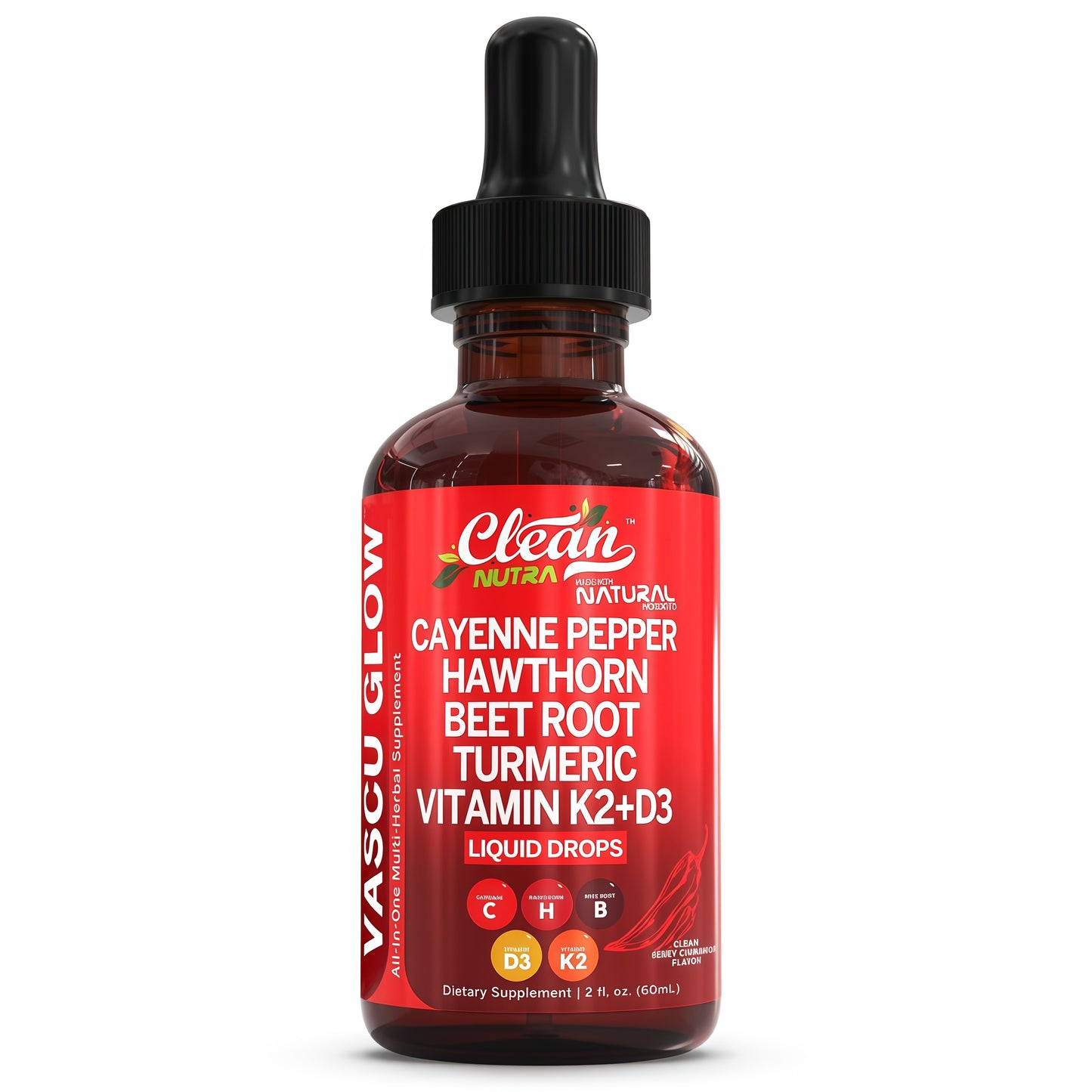 Clean Nutra Cayenne Pepper Drops Supplement Liquid + Hawthorn Berry, Vitamin D3 K2 Beet Root Powder, Ceylon Cinnamon, Turmeric Curcumin, Organic Panax Ginseng, Berberine Extract 1 Pack