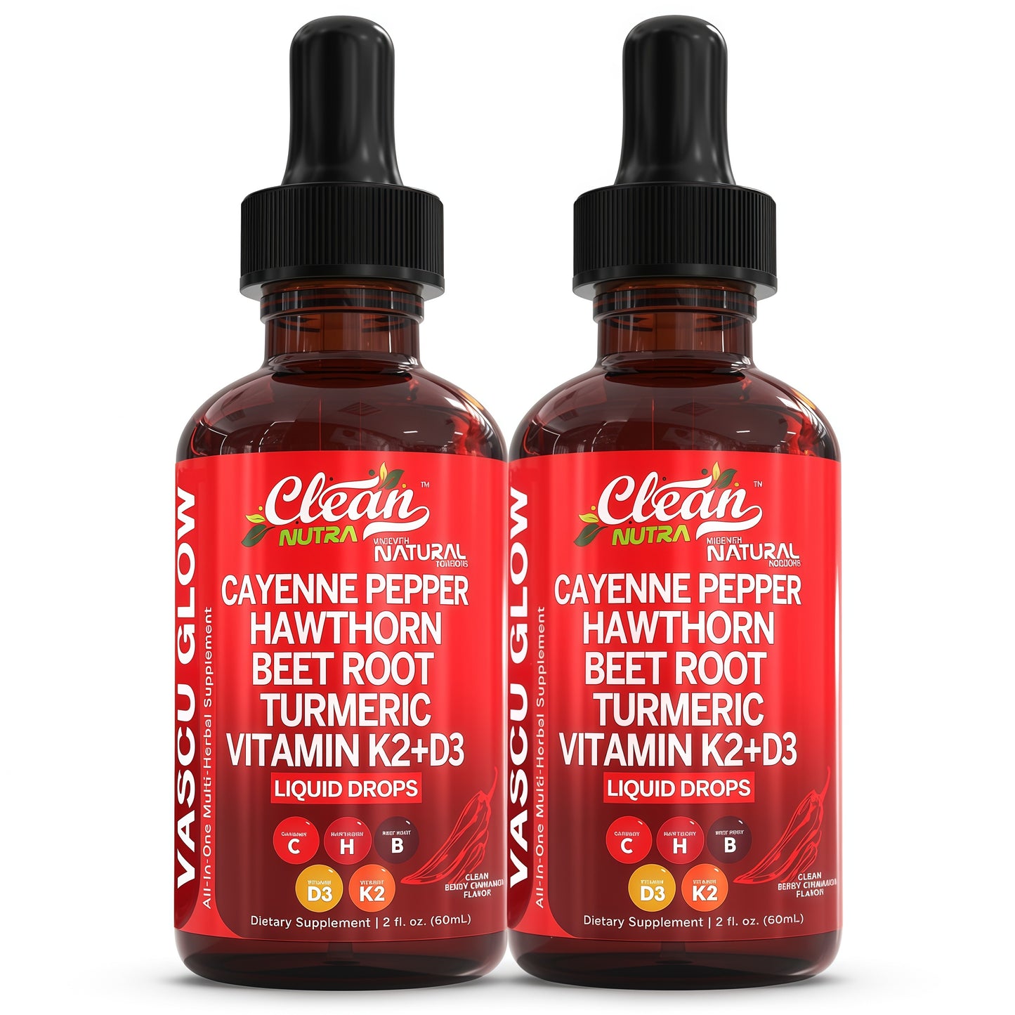 Clean Nutra Cayenne Pepper Drops Supplement Liquid + Hawthorn Berry, Vitamin D3 K2 Beet Root Powder, Ceylon Cinnamon, Turmeric Curcumin, Organic Panax Ginseng, Berberine Extract 1 Pack