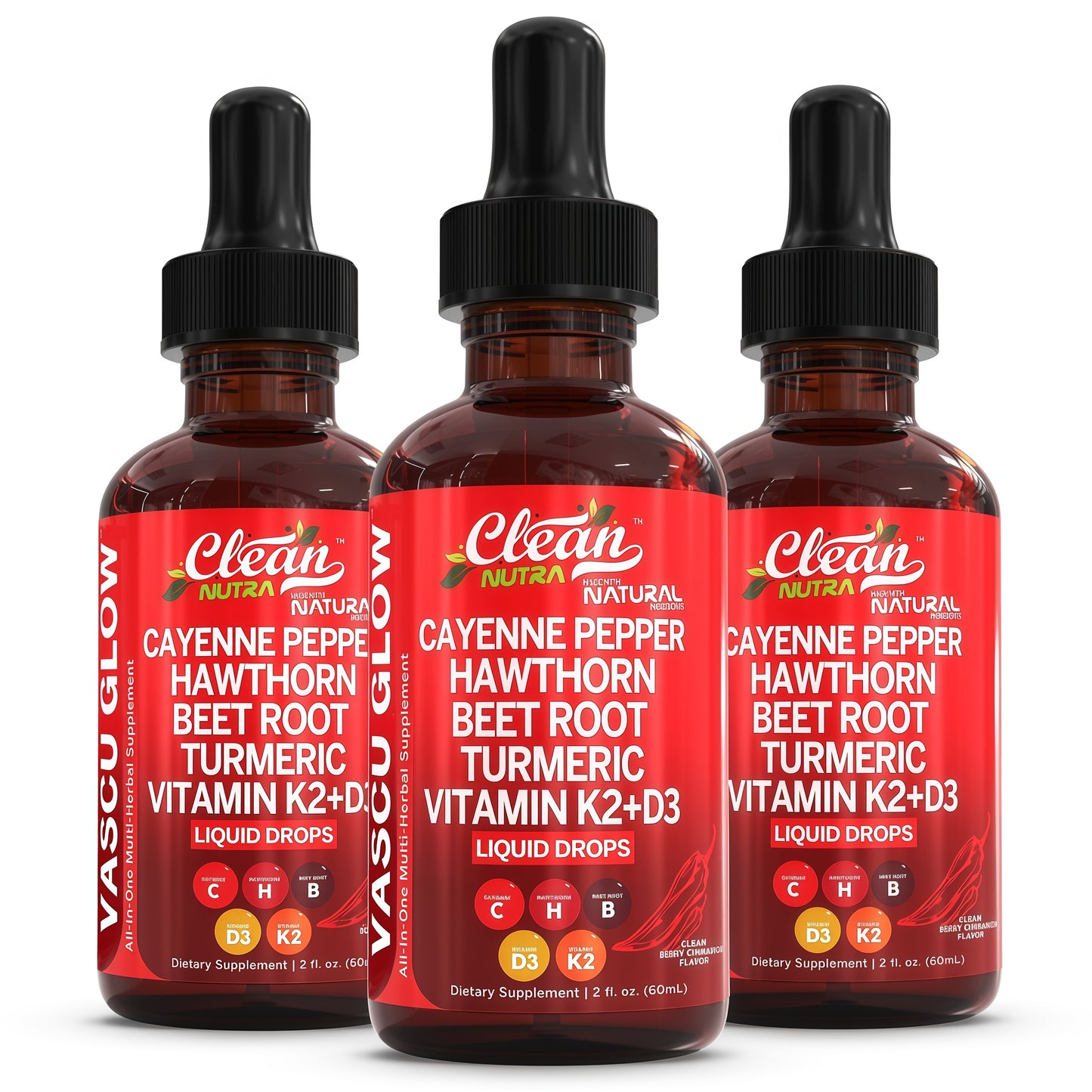 Clean Nutra Cayenne Pepper Drops Supplement Liquid + Hawthorn Berry, Vitamin D3 K2 Beet Root Powder, Ceylon Cinnamon, Turmeric Curcumin, Organic Panax Ginseng, Berberine Extract 1 Pack