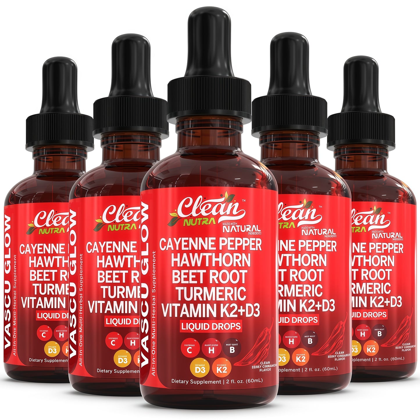 Clean Nutra Cayenne Pepper Drops Supplement Liquid + Hawthorn Berry, Vitamin D3 K2 Beet Root Powder, Ceylon Cinnamon, Turmeric Curcumin, Organic Panax Ginseng, Berberine Extract 1 Pack