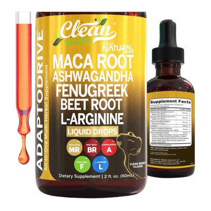 Clean Nutra Organic Maca Root Liquid Drops with Ashwagandha, Fenugreek, Beet Root and L-Arginine Liquid Multivitamin for Women and Men - Adapto Drive