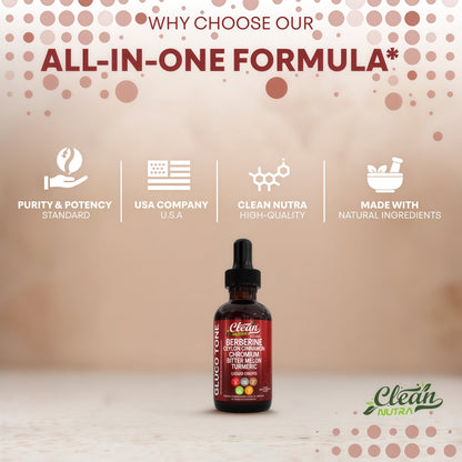 Clean Nutra Berberine with Ceylon Cinnamon Supplement Liquid Drops + Bitter Melon Extract, Glucomannan, Gymnema, Chromium, Turmeric, Organic Panax Ginseng, Moringa GLP-1 Support